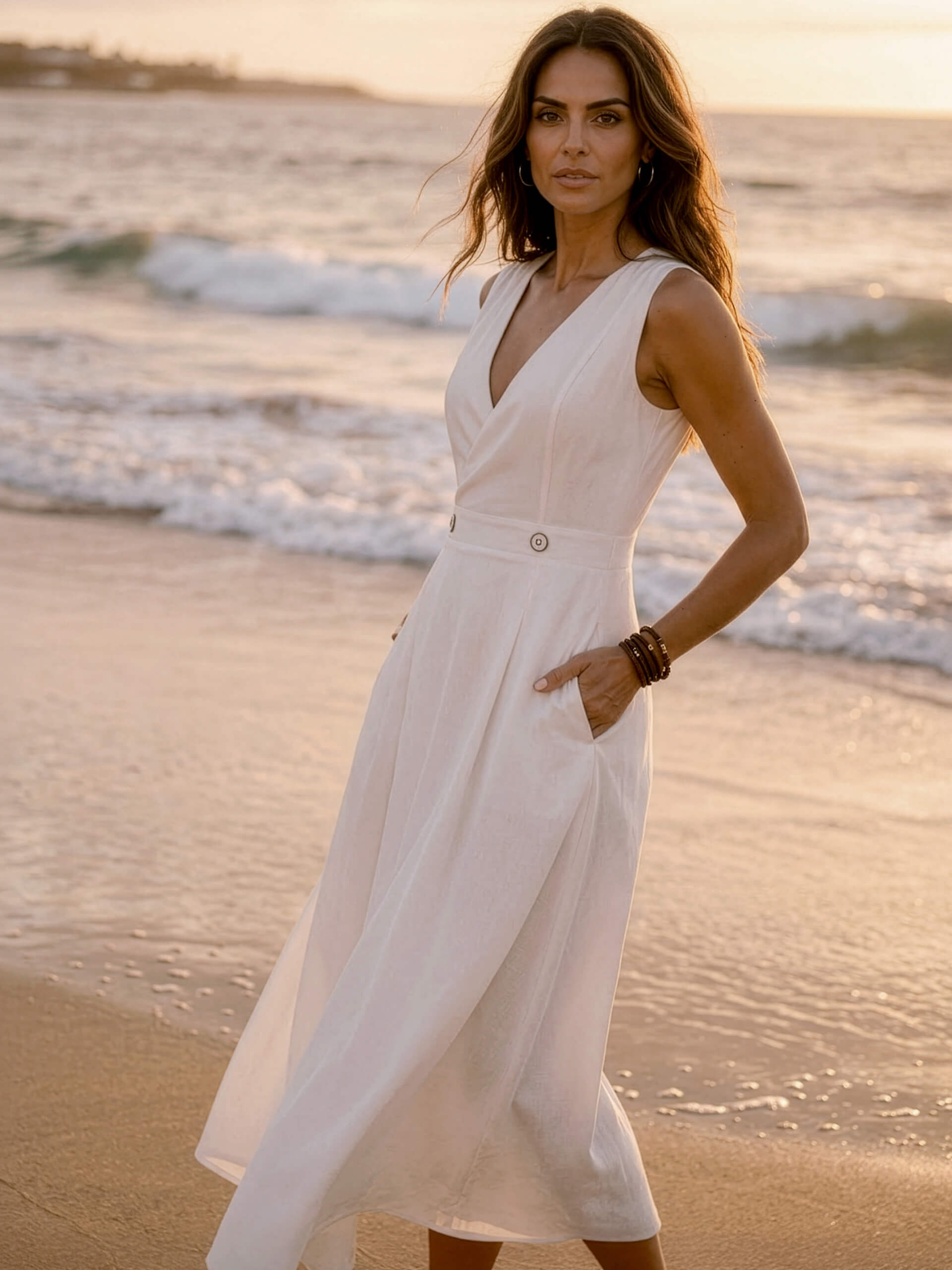 Ein Model steht am Strand im Abendlicht, trägt ein weißes, ärmelloses Kleid mit V-Ausschnitt und hat die Hände in den Taschen.