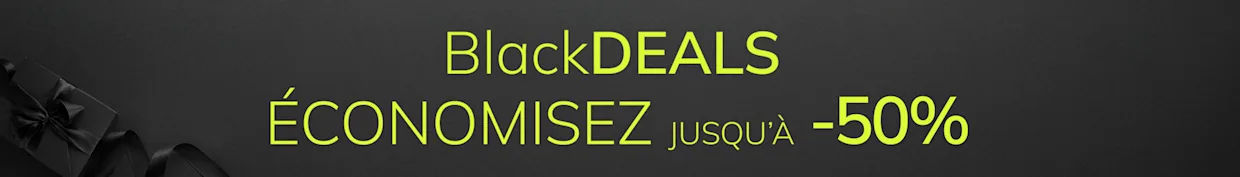 Une publicité avec le texte BlackDEALS JUSQU'À 50% DE RÉDUCTION sur un fond gris foncé élégant. En bas à gauche, on distingue discrètement des boîtes-cadeaux noires avec des rubans.