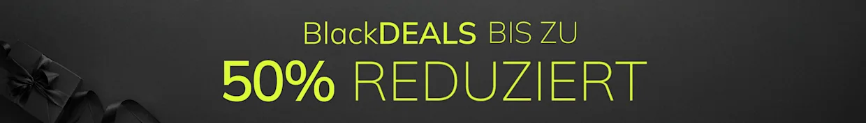 Eine Werbeanzeige mit dem Text BlackDEALS BIS ZU 50% REDUZIERT auf einem eleganten, dunkelgrauen Hintergrund. In der linken unteren Ecke sind schwarze Geschenkboxen mit Schleifen dezent zu sehen.