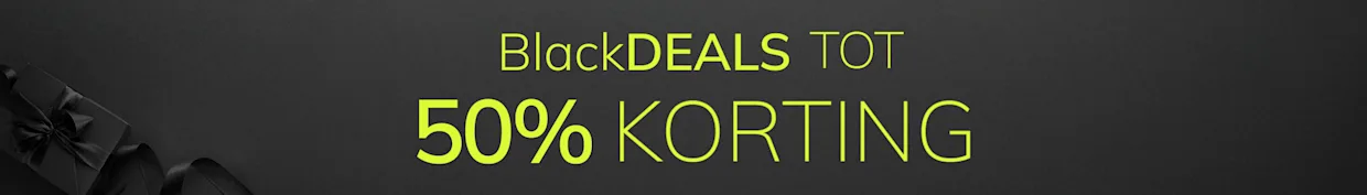 Een advertentie met de tekst BlackDEALS TOT 50% KORTING op een stijlvolle, donkergrijze achtergrond. Linksonder zijn subtiel zwarte cadeaudozen met linten zichtbaar.