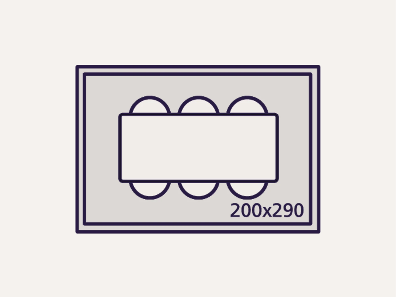 Ein Symbol zeigt einen Esstisch auf einem Teppich mit den Massen 200x290. Ein Symbol zeigt einen Esstisch auf einem Teppich mit den Massen 200x290.