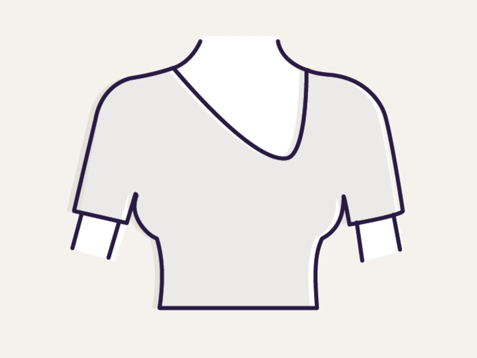 Symbool van een top met korte mouwen en een asymmetrische V-hals tegen een beige achtergrond.