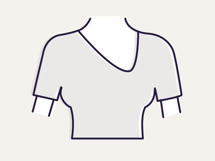 Symbole d'un haut à manches courtes avec une encolure en V asymétrique sur un fond beige.