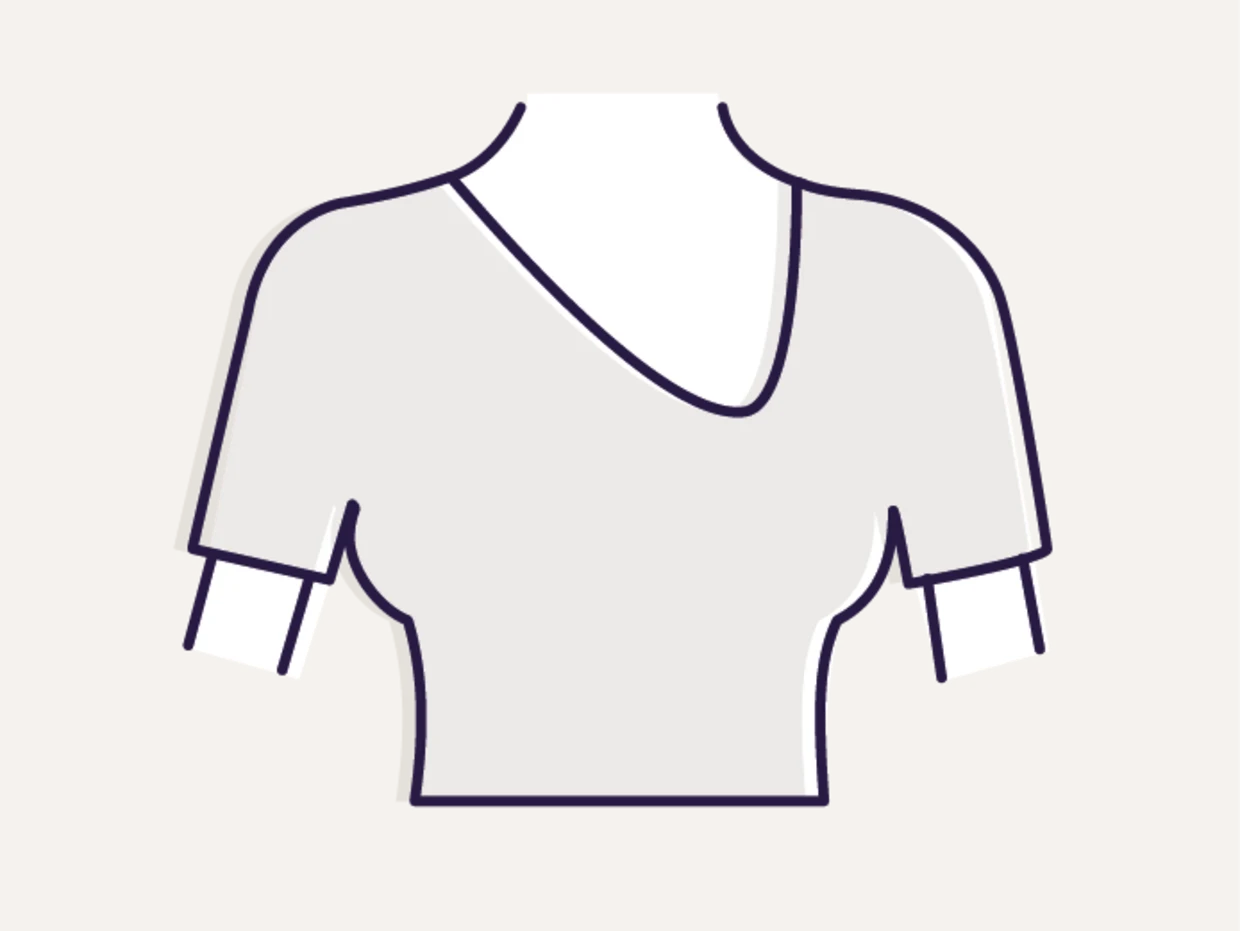 Symbole d'un haut à manches courtes avec une encolure en V asymétrique sur un fond beige.