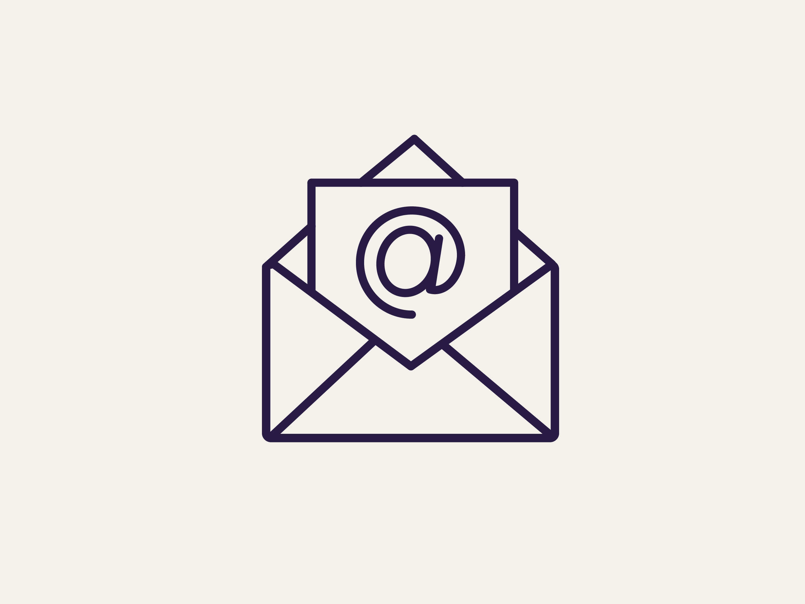 Symbol einer geöffneten E-Mail mit einem @-Zeichen, minimalistisches Design auf beigem Hintergrund.