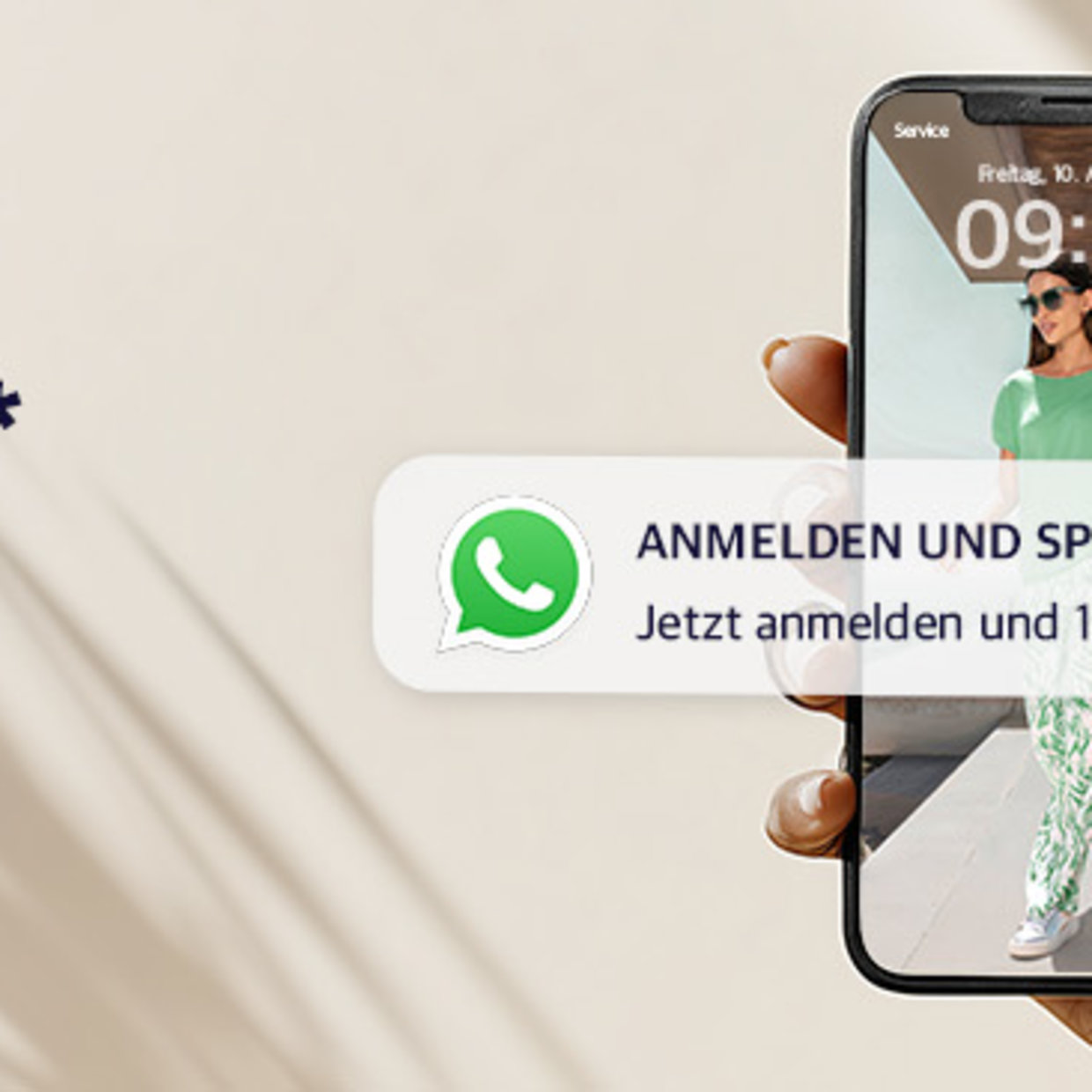 Hand hält Smartphone. Text: 'WHATSAPP-NEWSLETTER: 10% RABATT* ANMELDEN UND SPAREN! Jetzt anmelden und 10% Rabatt sichern!'