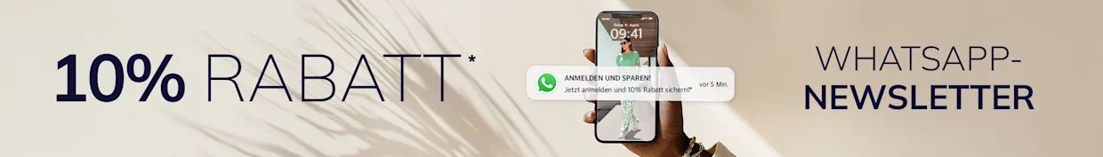 Hand hält Smartphone. Text: 'WHATSAPP-NEWSLETTER: 10% RABATT* ANMELDEN UND SPAREN! Jetzt anmelden und 10% Rabatt sichern!'