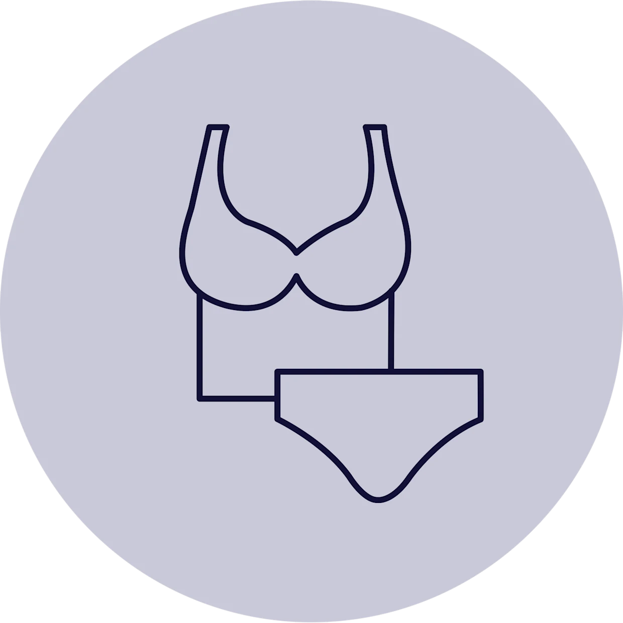 Das Symbol zeigt eine stilisierte Darstellung eines Tankinis mit einem längeren Oberteil und einem Bikinihöschen, innerhalb eines grauen Kreises.