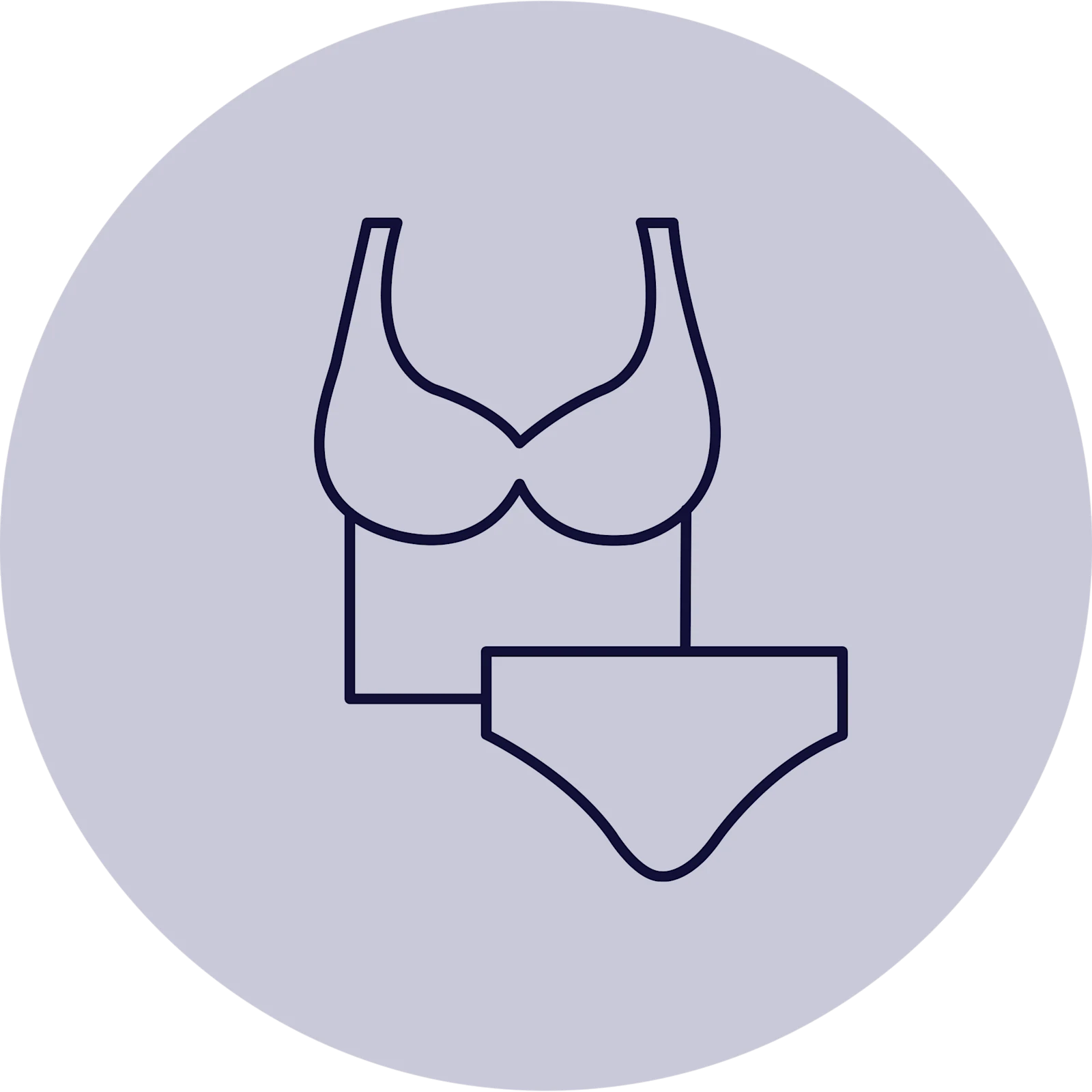 Das Symbol zeigt eine stilisierte Darstellung eines Tankinis mit einem längeren Oberteil und einem Bikinihöschen, innerhalb eines grauen Kreises.