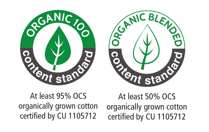 Twee certificeringslogo's voor biologisch katoen: links `Organic 100 Content Standard´ met minimaal 95% biologisch katoen, rechts `Organic Blended Content Standard´ met minimaal 50% biologisch katoen.