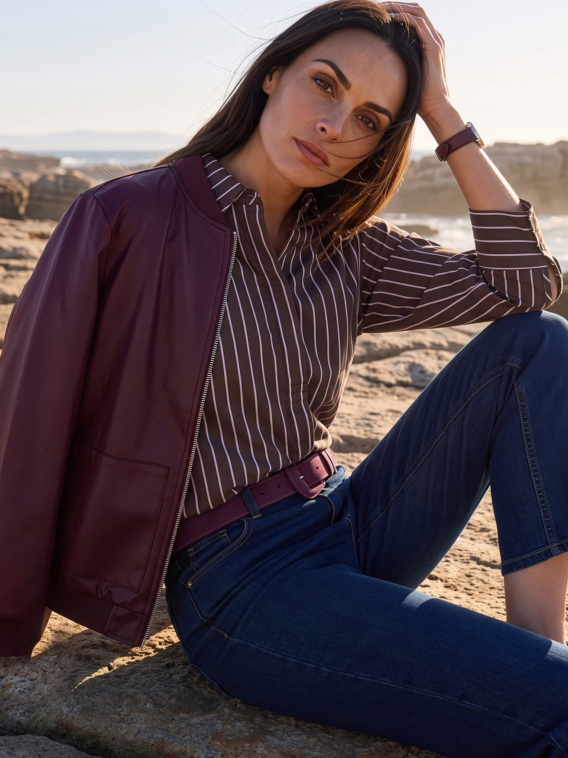Ein Model sitzt auf einem Felsen. Es trägt eine bordeauxfarbene Bomberjacke, eine braun-weiß gestreifte Bluse und eine blaue Jeans.