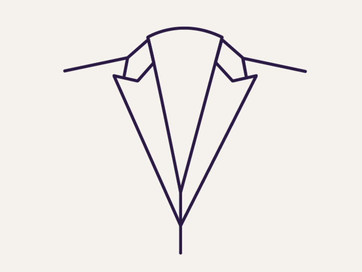 Symbole d'un manteau stylisé avec col et revers dans une ligne bleu foncé sur fond beige. Symbole d'un manteau stylisé avec col et revers dans une ligne bleu foncé sur fond beige.