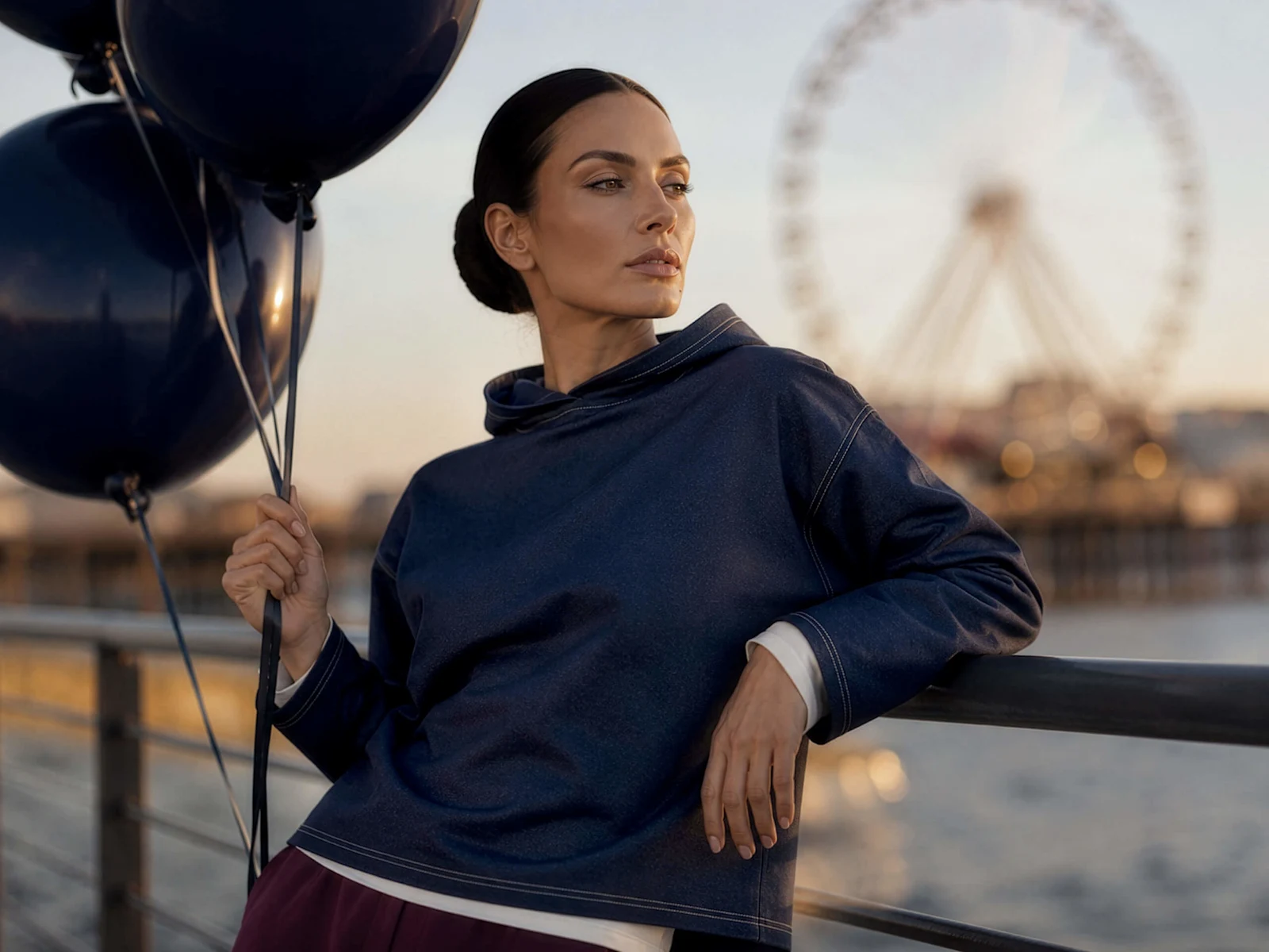 Ein Model am Wasser trägt einen dunkelblauen Pullover und hält schwarze Ballons; im Hintergrund ein Riesenrad.