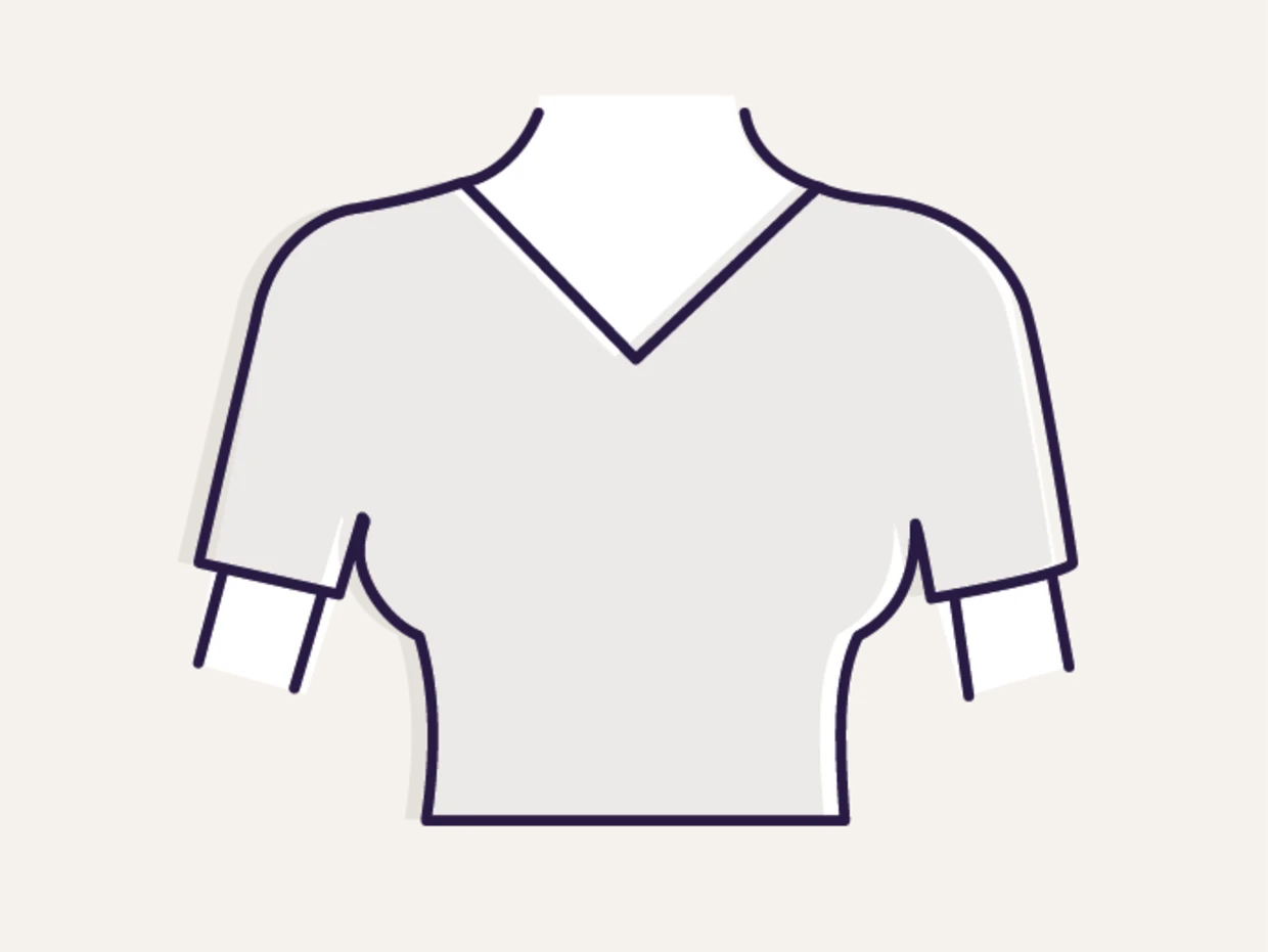 Symbool van een T-shirt met een V-hals en korte mouwen op een beige achtergrond.