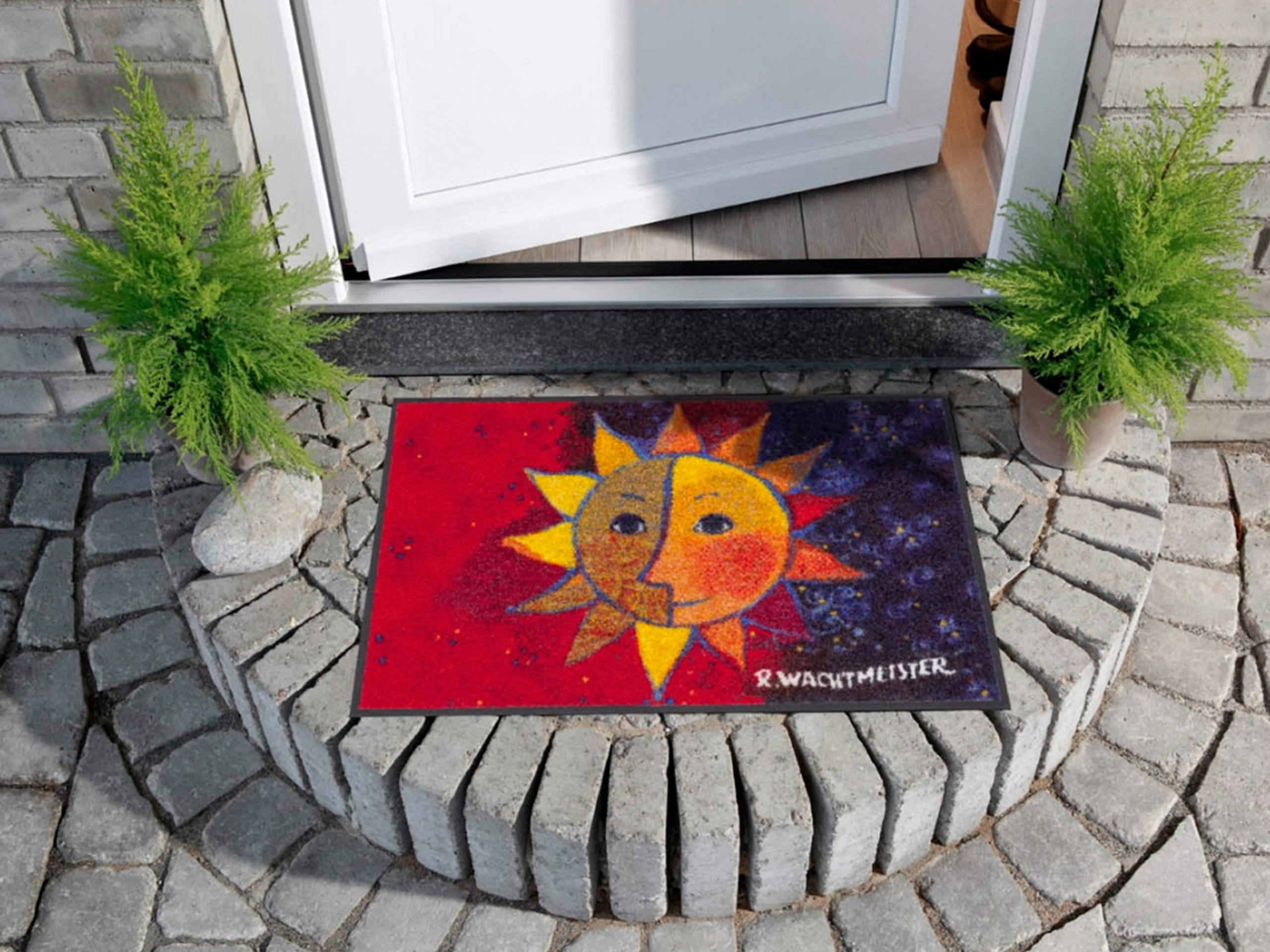 Devant une porte d'entrée blanche se trouve un paillasson coloré avec un motif de soleil stylisé en rouge, jaune et bleu. Le seuil de la porte est encadré par deux plantes vertes en pots, posées sur un sol pavé.