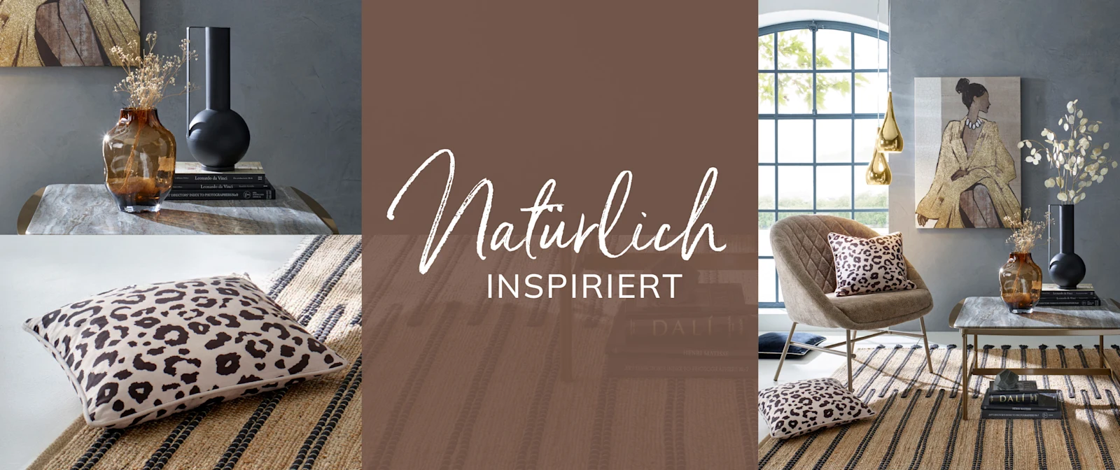 Das Bild zeigt ein Inspirationsmoodboard zum Thema 'Natürlich inspiriert' mit Wohnwelten in Brauntönen. Das Bild zeigt ein Inspirationsmoodboard zum Thema 'Natürlich inspiriert' mit Wohnwelten in Brauntönen.