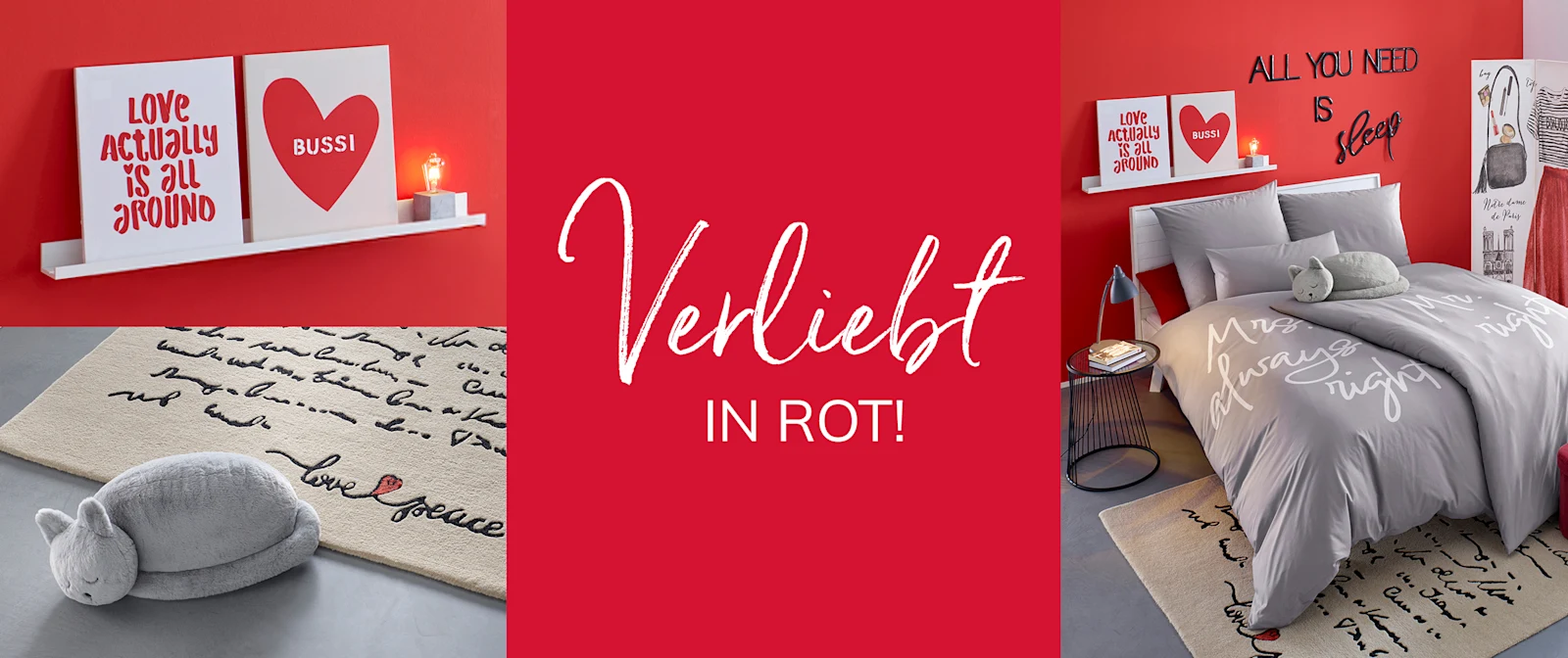 Modernes Schlafzimmer mit roter Wand, Dekoschildern, grauer Bettwäsche und Teppich mit Schrift. Im Bild steht der Text 'Verliebt in Rot!'. Modernes Schlafzimmer mit roter Wand, Dekoschildern, grauer Bettwäsche und Teppich mit Schrift. Im Bild steht der Text 'Verliebt in Rot!'.