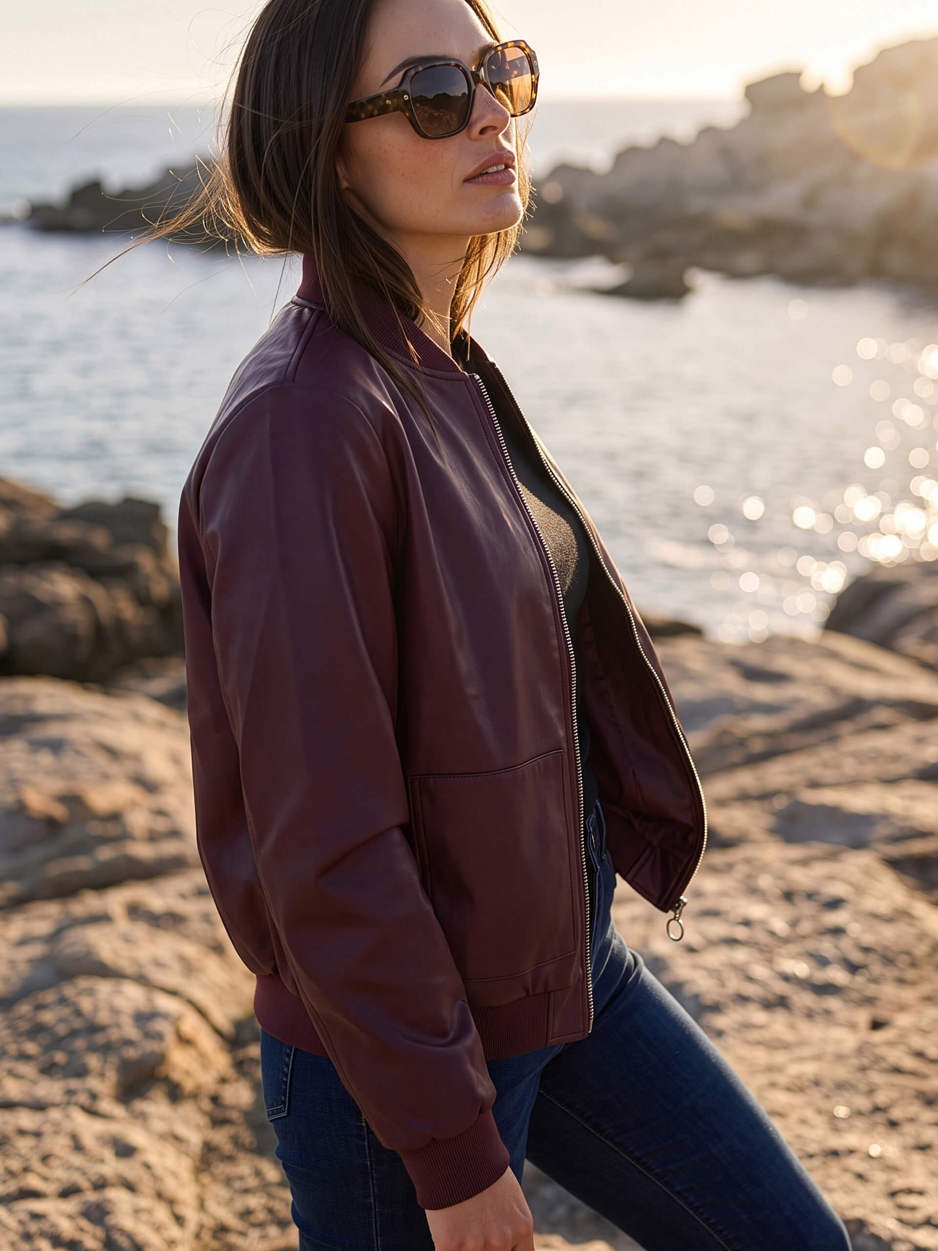 Ein Model steht an einer Felsenküste. Es trägt eine bordeauxfarbene Bomberjacke, eine blaue Jeans und eine Sonnenbrille.