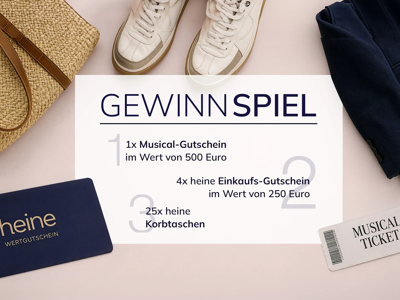 Grafik zum heine-Gewinnspiel für Gutscheine und Korbtaschen, umgeben von Sneakern, einer Tasche und einem Ticket.