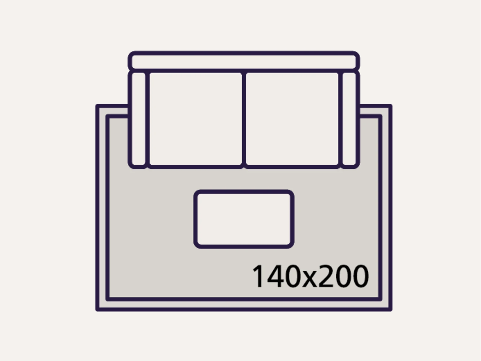 Das Symbol zeigt ein Sofa auf einem Teppich mit den Maßen 140x200 cm. Das Symbol zeigt ein Sofa auf einem Teppich mit den Maßen 140x200 cm.