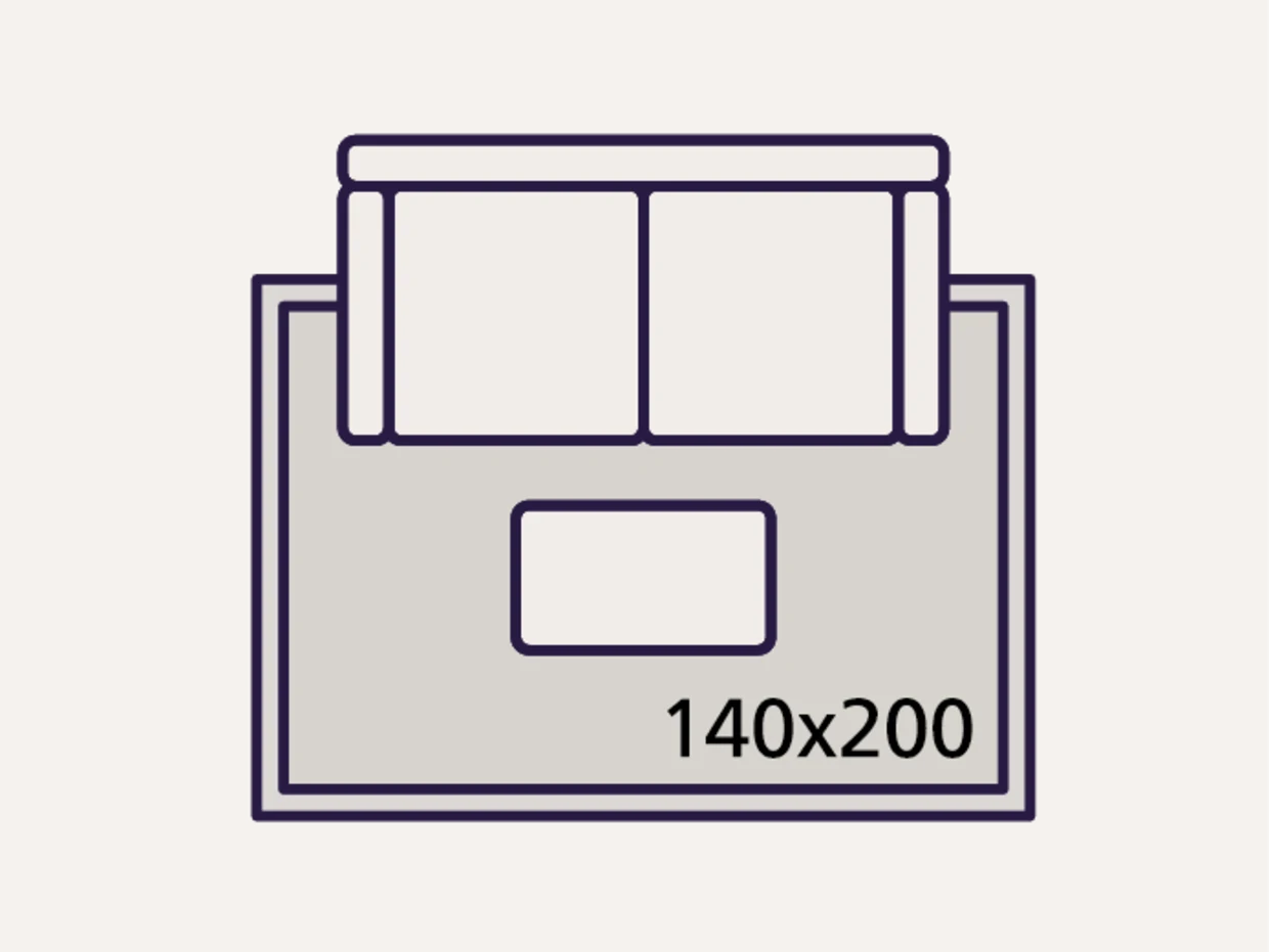 Het symbool toont een sofa op een tapijt van 140x200 cm. Het symbool toont een sofa op een tapijt van 140x200 cm.