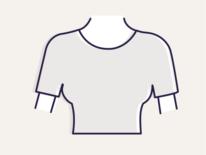 Symbool van een wit T-shirt met ronde hals, afgebeeld op een beige achtergrond.