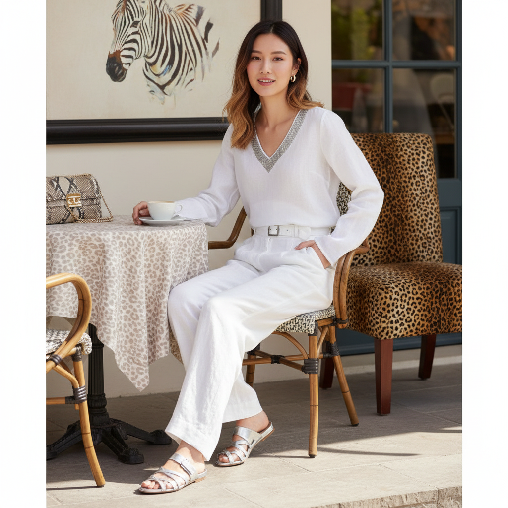 Weite cremefarbene Hose zu Animal-Print-Bluse in heller Galerie-Atmosphäre