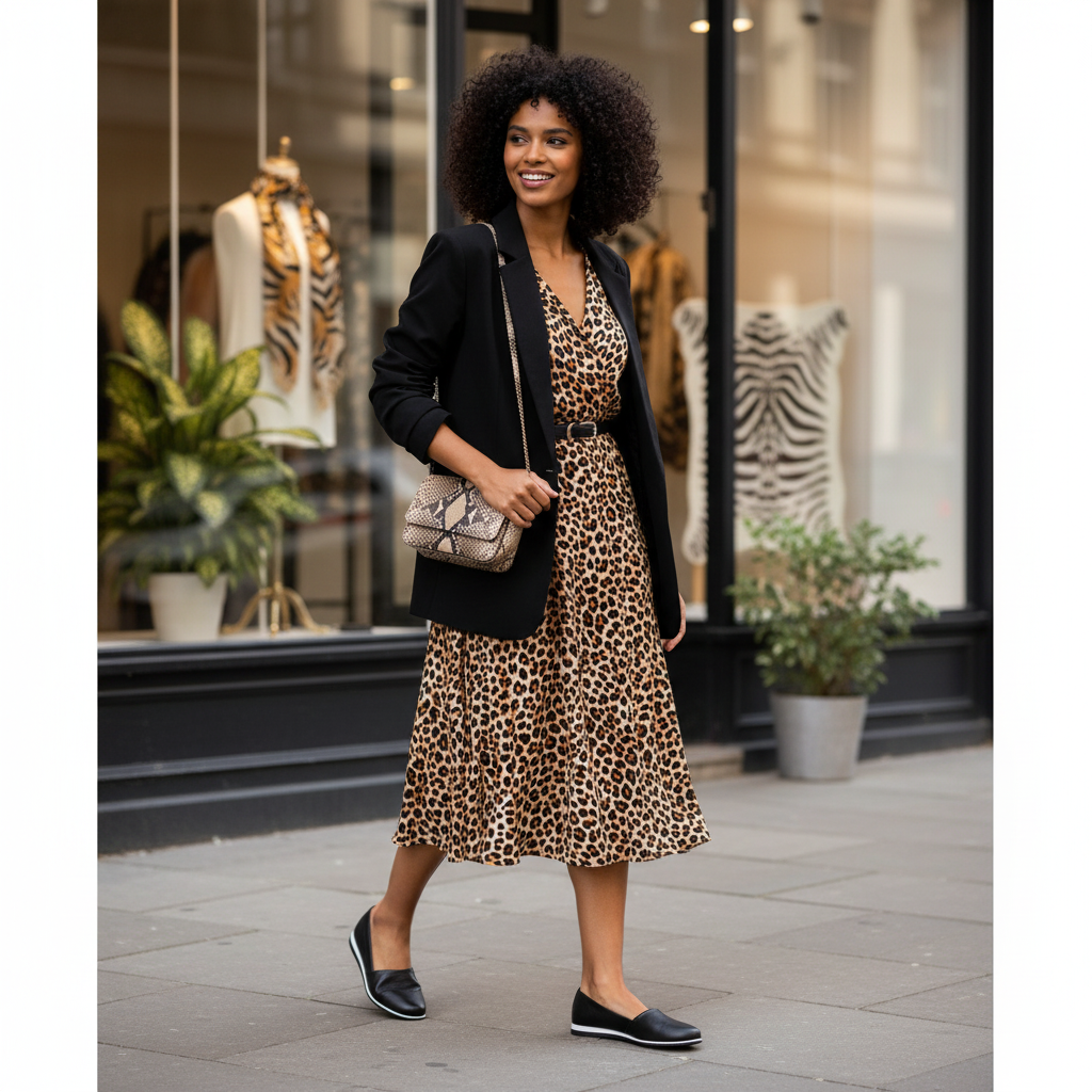 Elegante Loafer zu Animal-Print-Rock auf heller Naturstein-Terrasse
