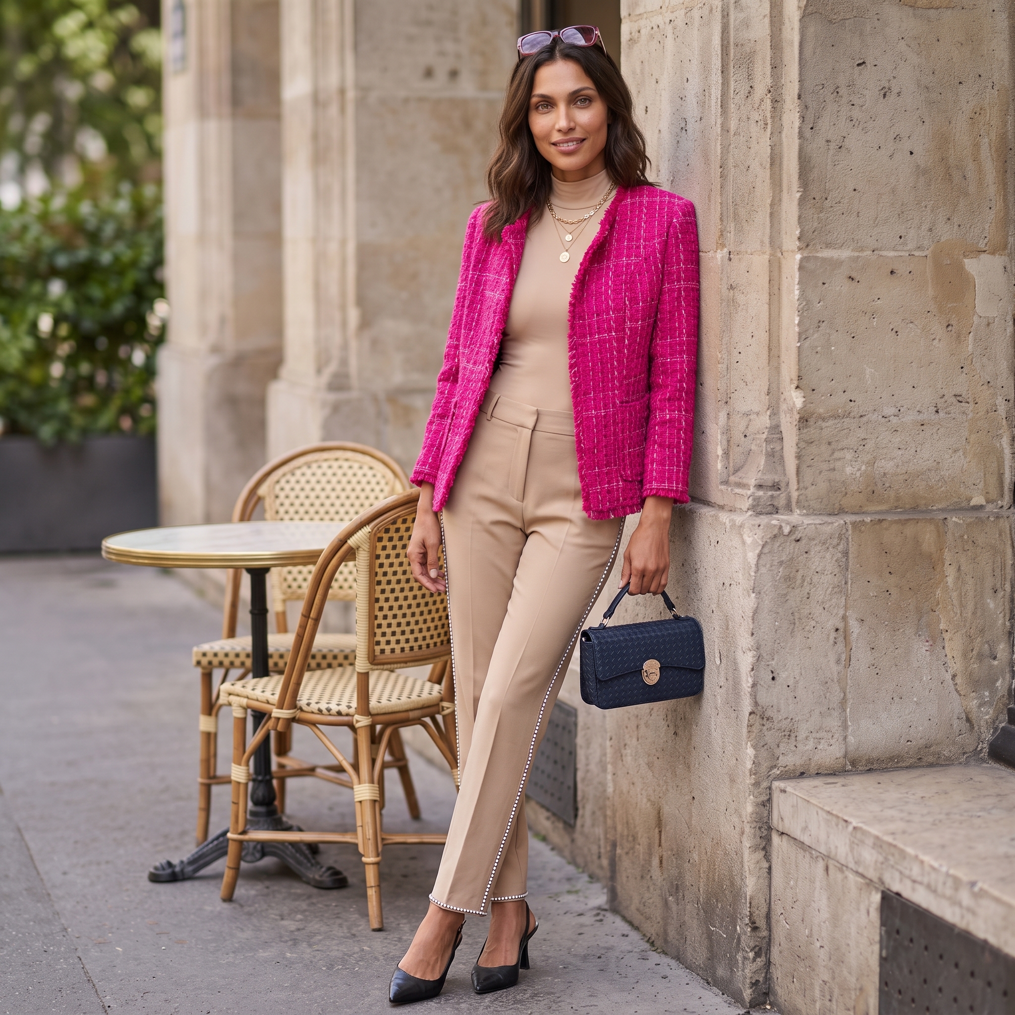 Eleganter Look mit beiger Hose und strukturiertem Blazer in einer Galerie