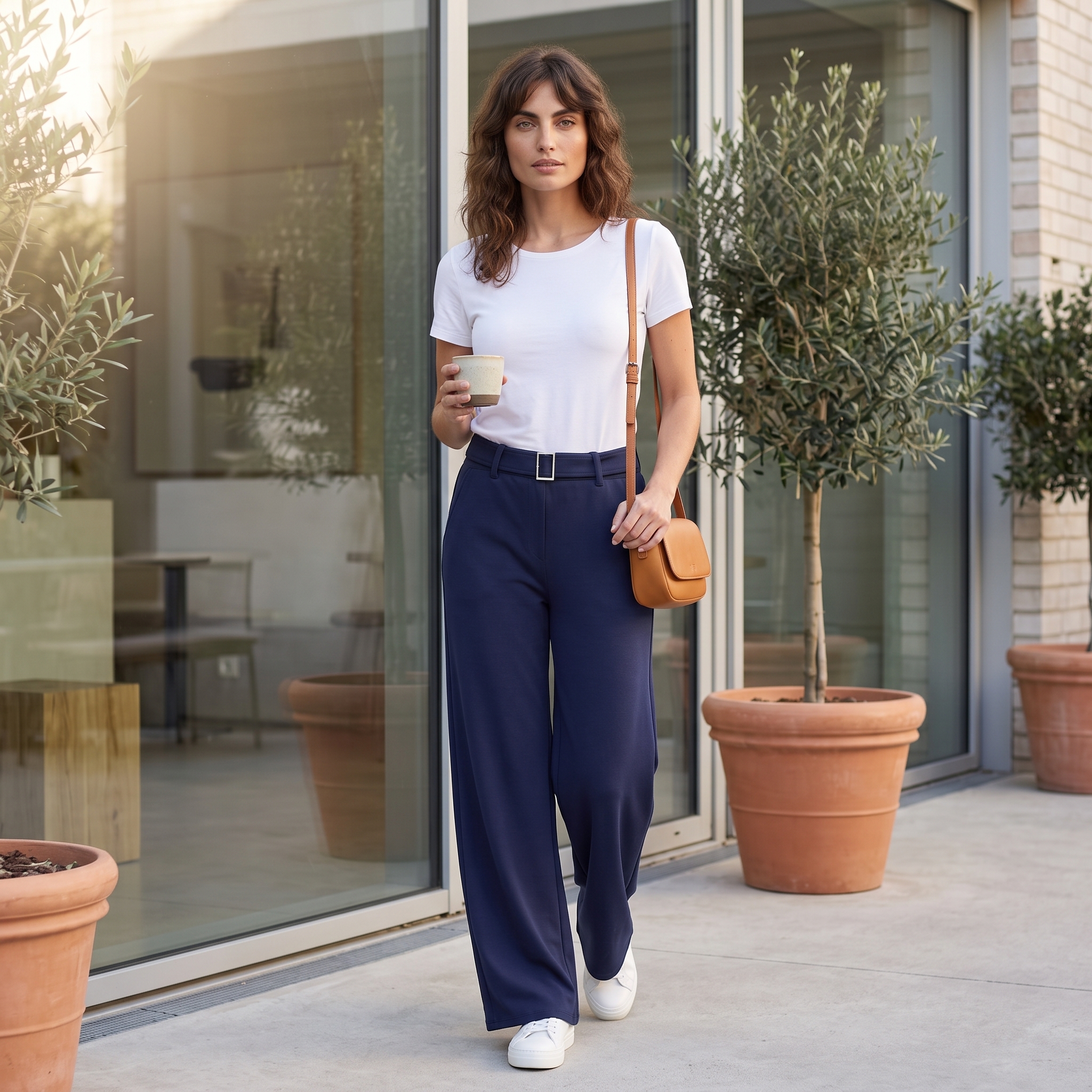 Gerade geschnittene blaue Hose mit feinem Oberteil im Alltag