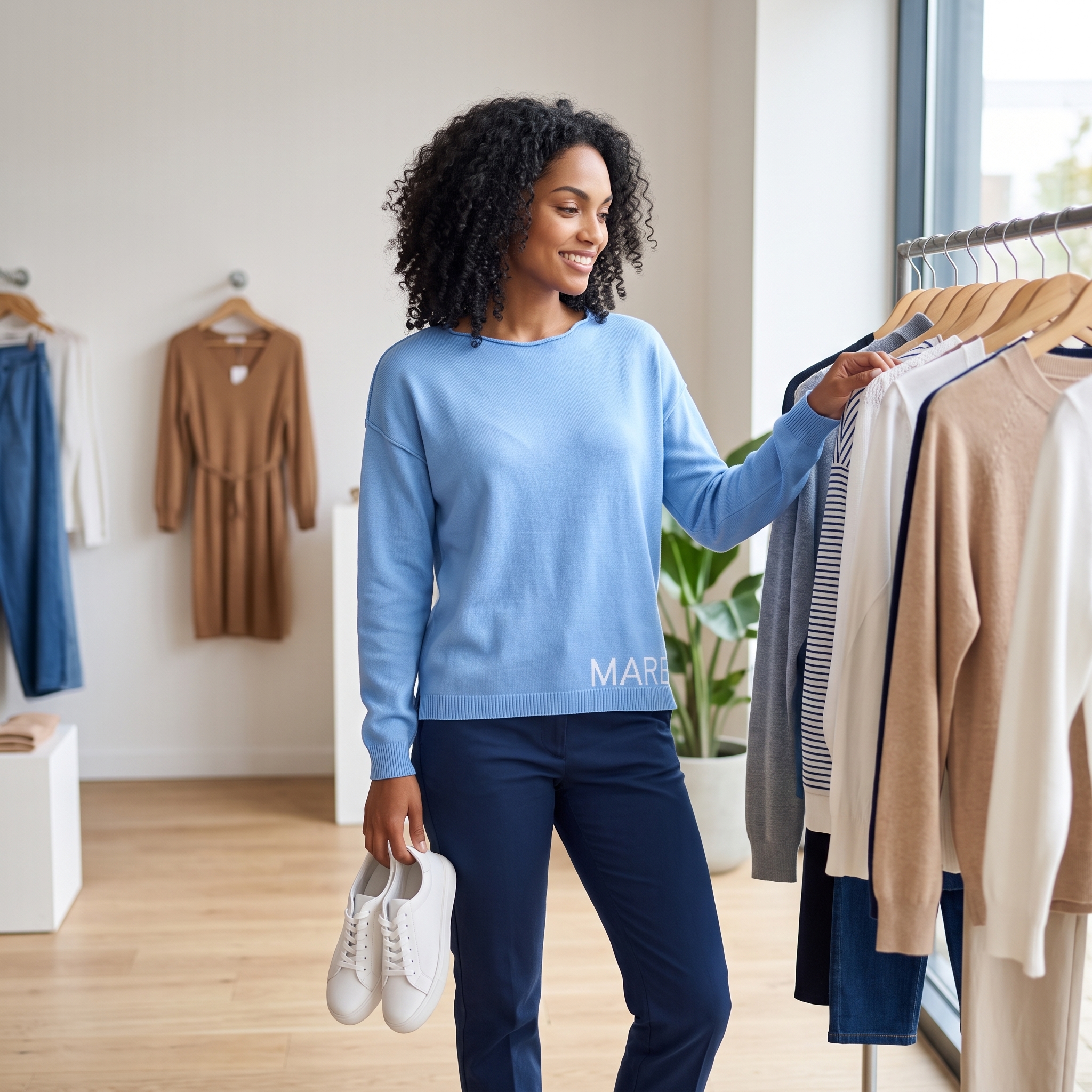 Dunkelblaue Hose mit weichem Feinstrickpullover in einem Café