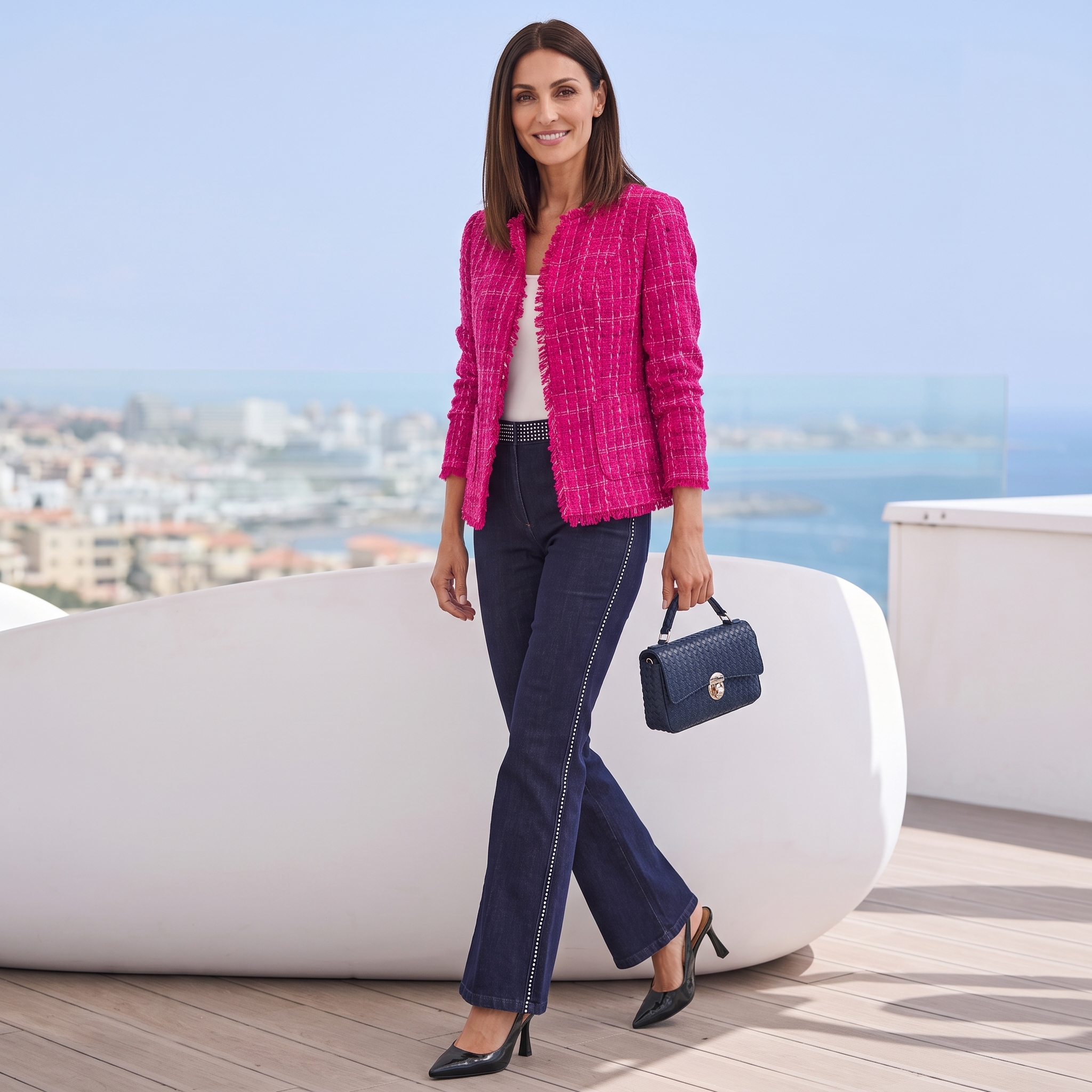 Souveräner Bürolook mit blauer Hose und tailliertem Blazer