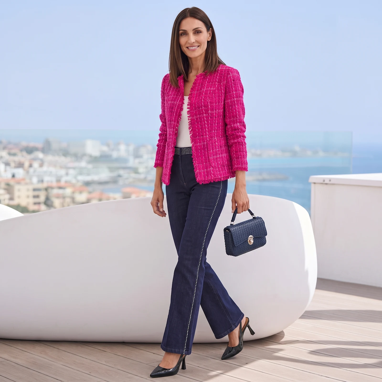 Souveräner Bürolook mit blauer Hose und tailliertem Blazer Souveräner Bürolook mit blauer Hose und tailliertem Blazer