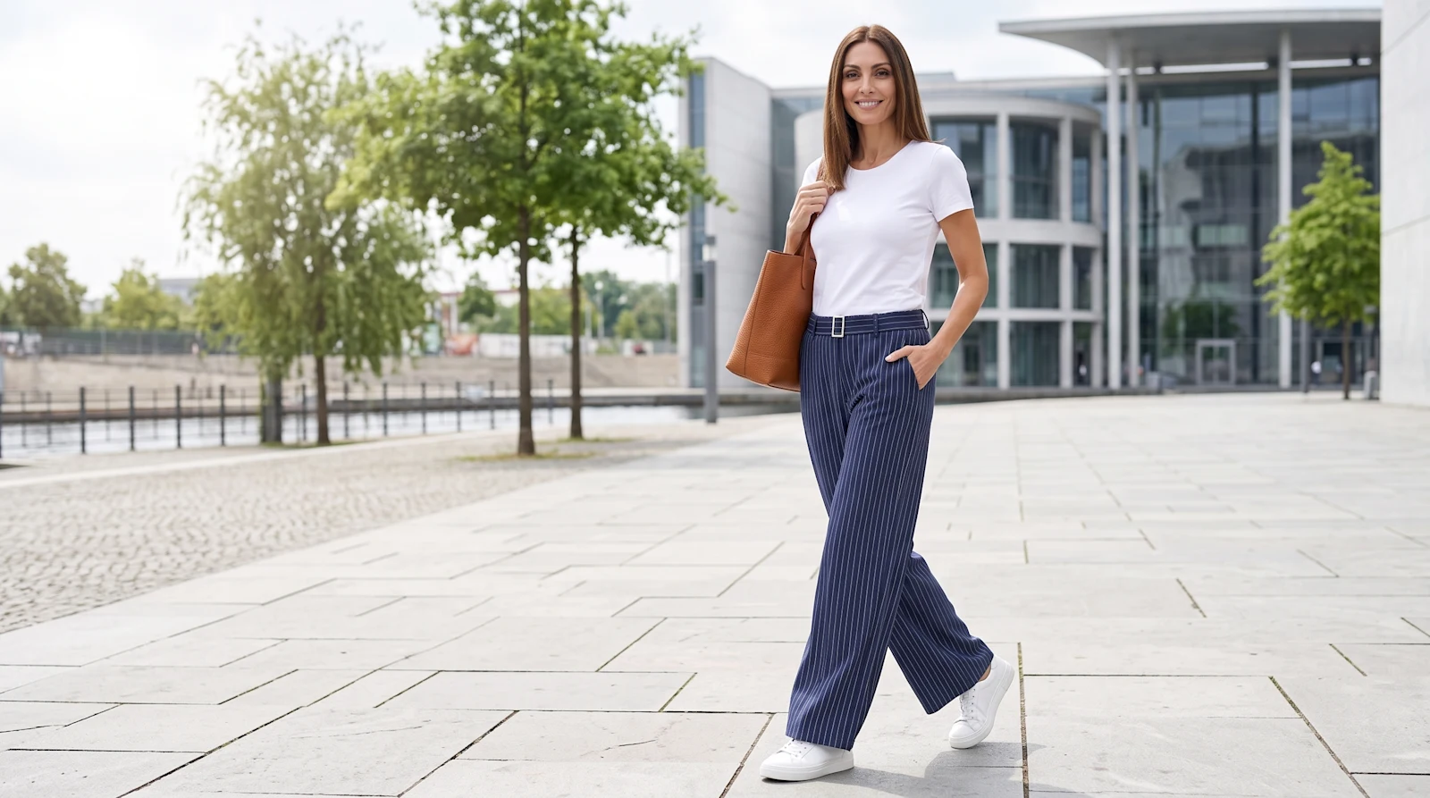 Stilvoller Look mit blauer Hose auf einer sonnigen Strandpromenade Stilvoller Look mit blauer Hose auf einer sonnigen Strandpromenade