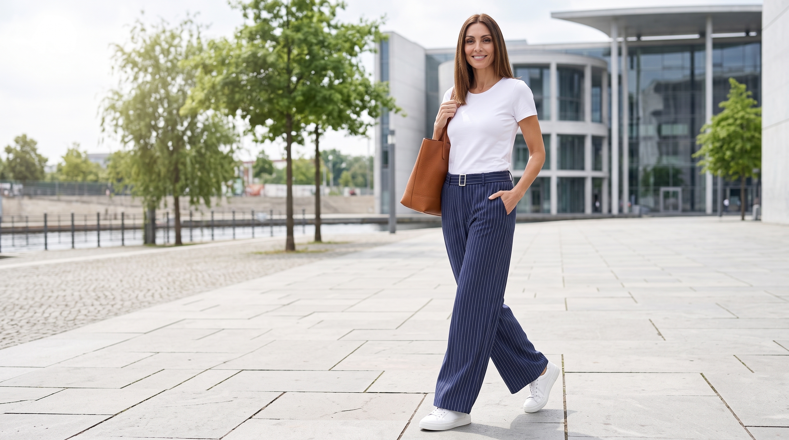 Stilvoller Look mit blauer Hose auf einer sonnigen Strandpromenade