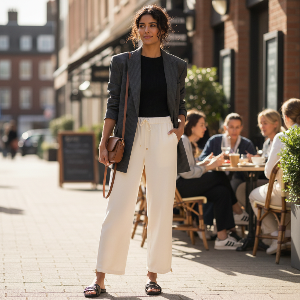 Frau mit Blazer und weiter Stoffhose auf einer eleganten Stadtpromenade