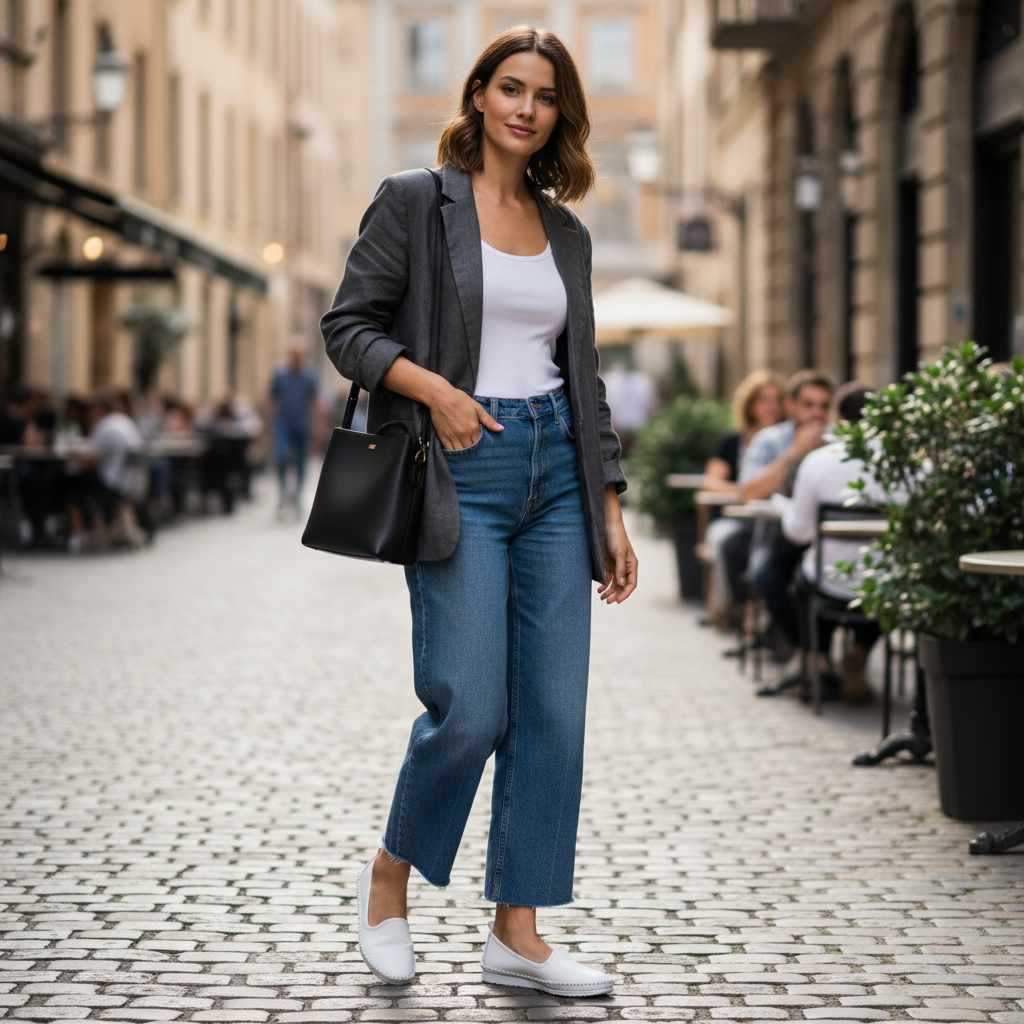 Blazer-Look mit hochwertigen Loafern auf hellem Natursteinboden