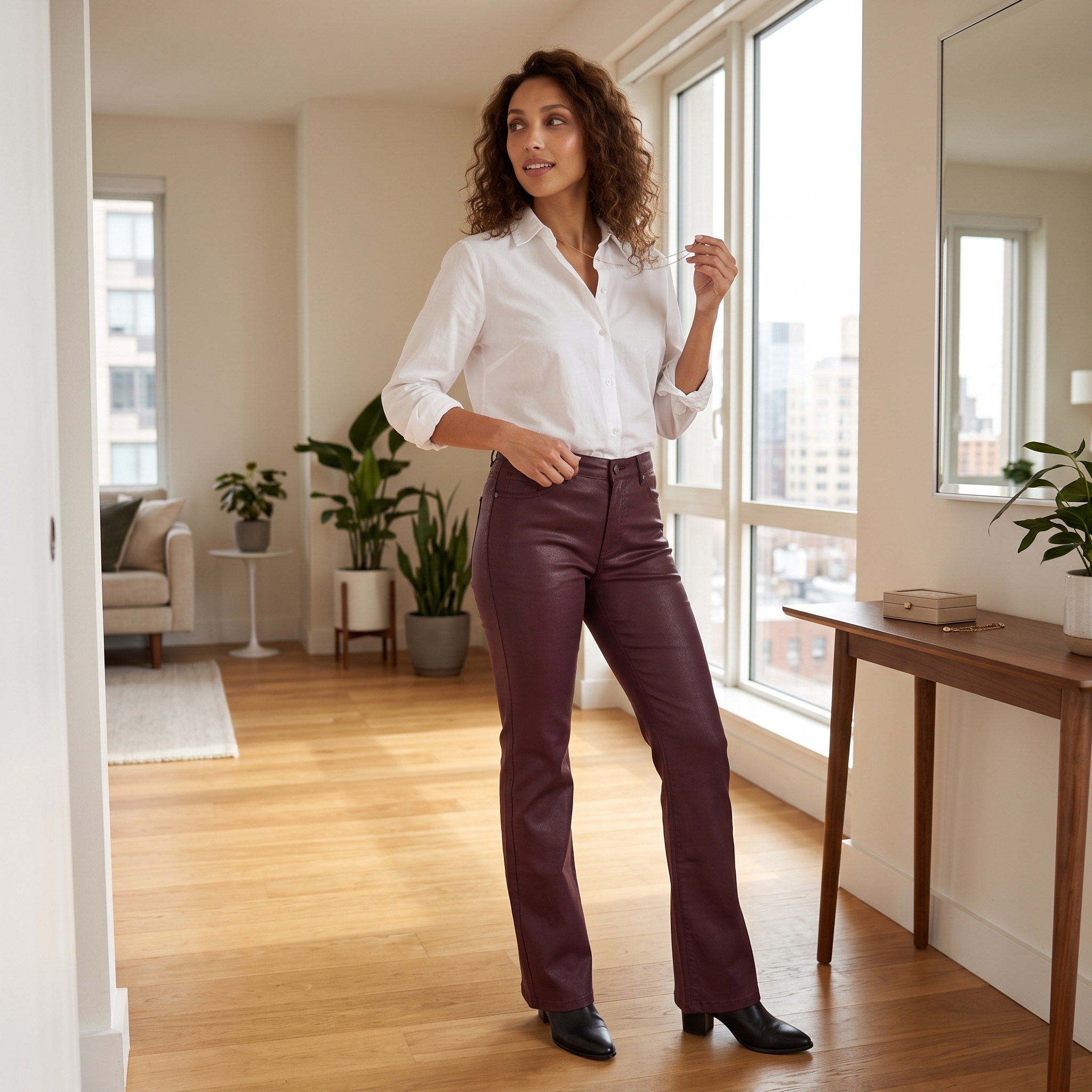 Dunkelblaue Straight-Leg-Jeans in einer eleganten urbanen Szenerie
