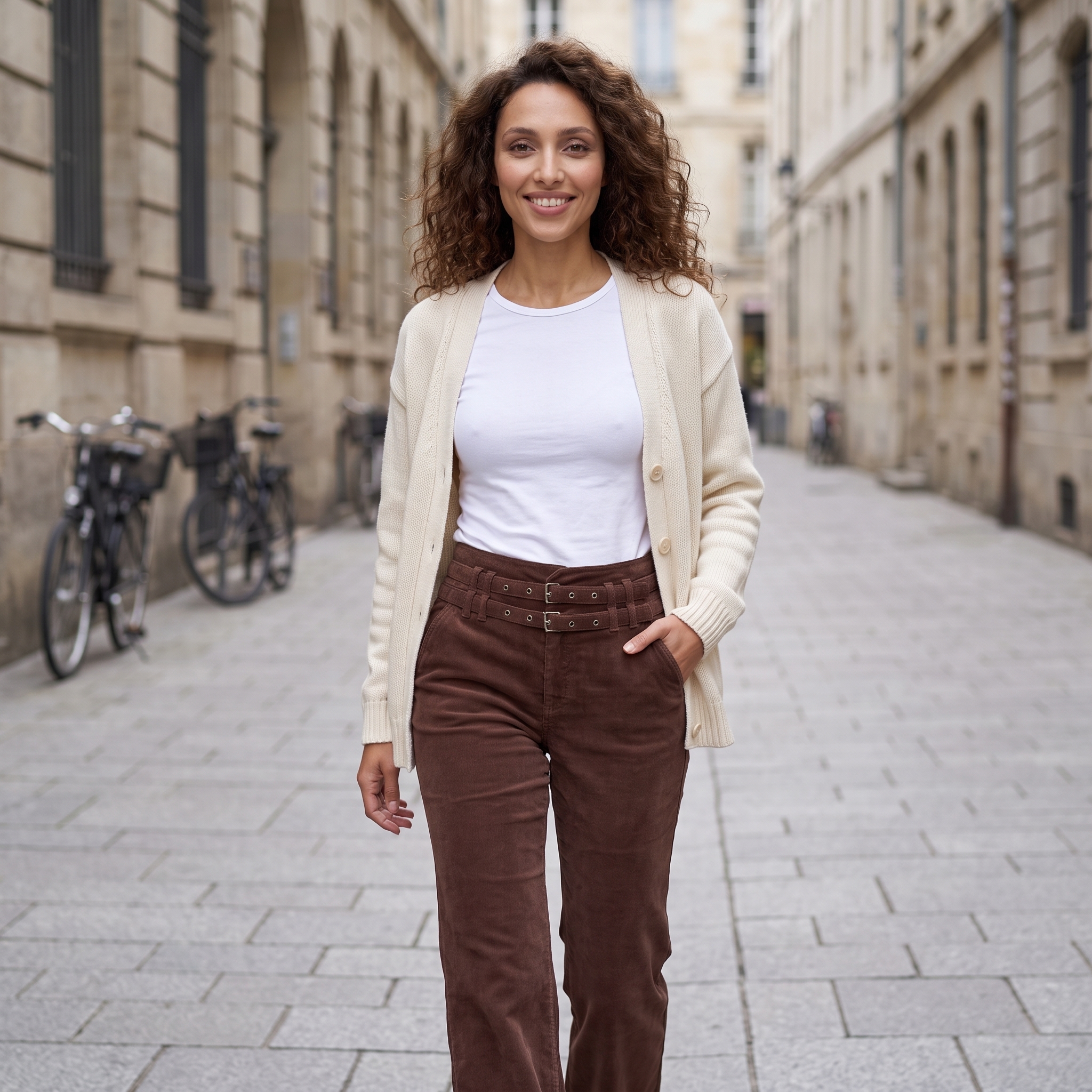 Eleganter Look mit brauner Hose und goldfarbenen Details