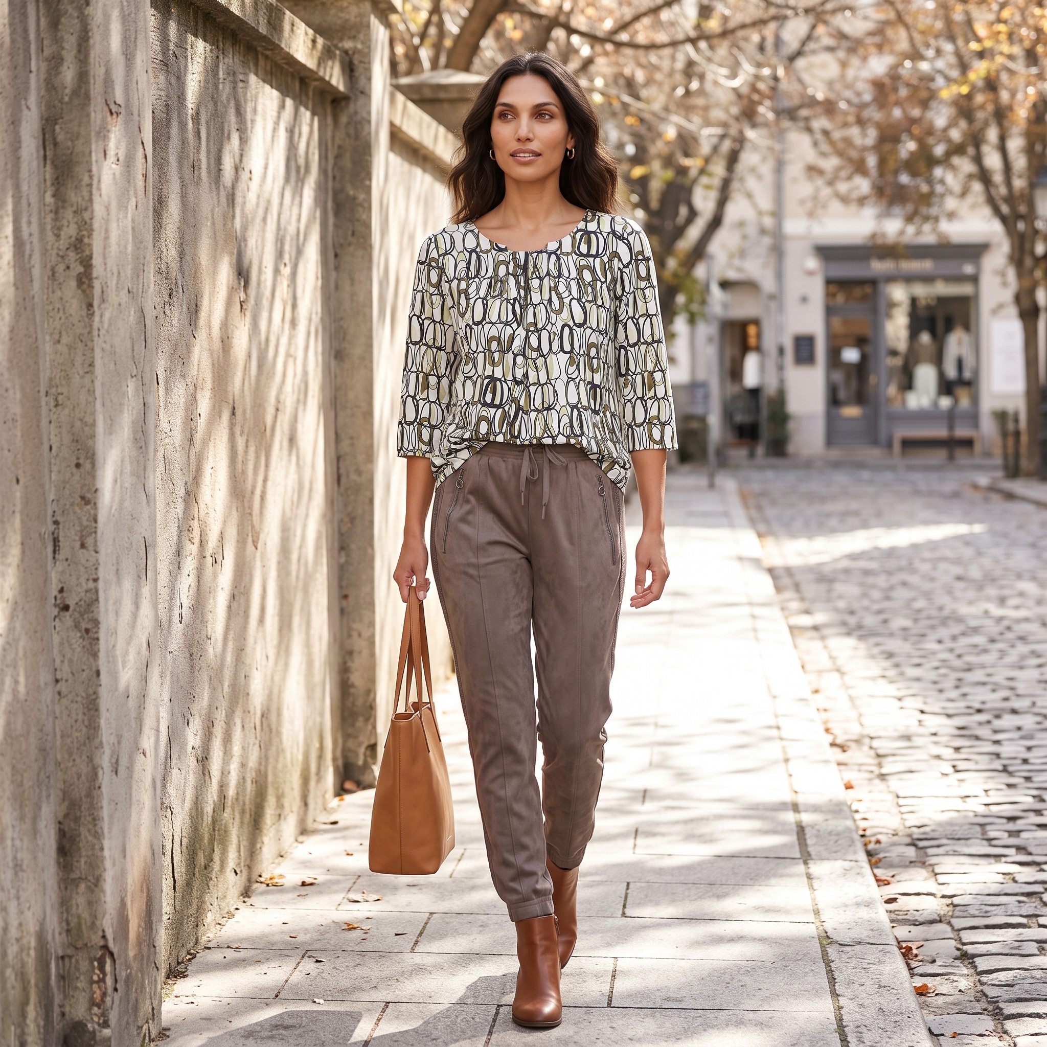 Femininer Look mit brauner Hose und fließender Bluse in einem Restaurant