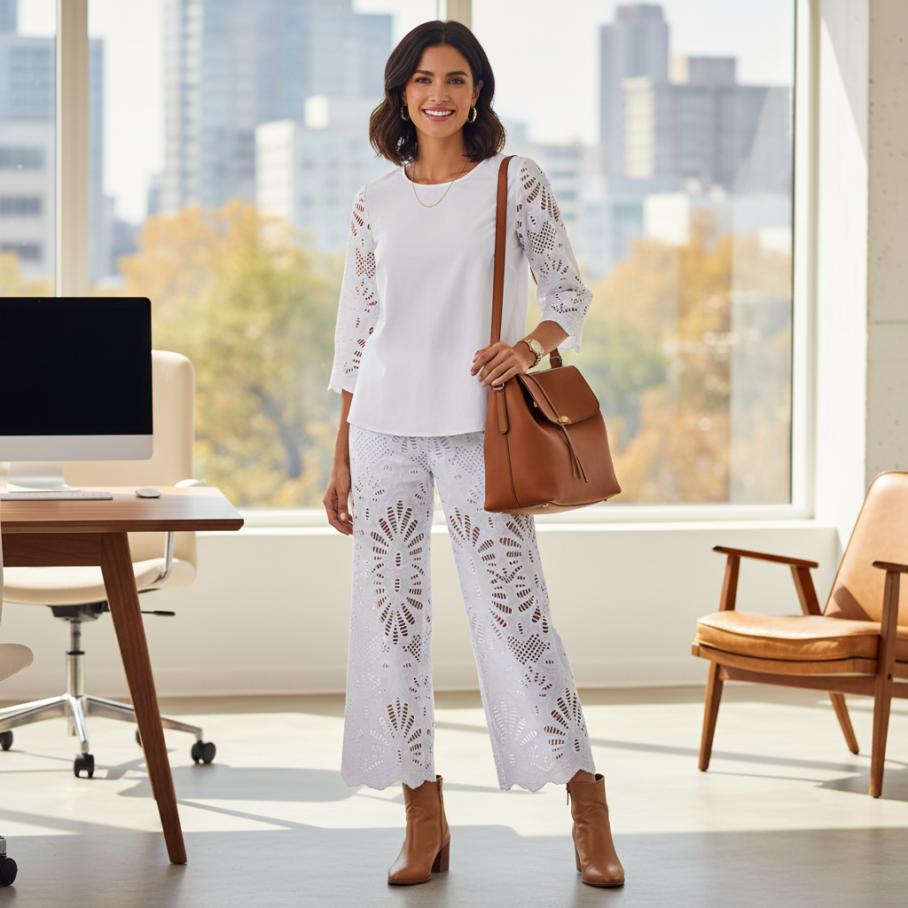 Elegante Bluse mit Schmuckdetails im Besprechungsraum