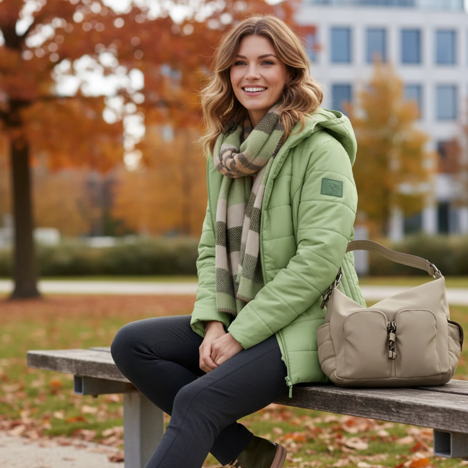 Stilbewusste Frau mit eleganter Übergangsjacke auf dem Weg durch die Stadt Stilbewusste Frau mit eleganter Übergangsjacke auf dem Weg durch die Stadt