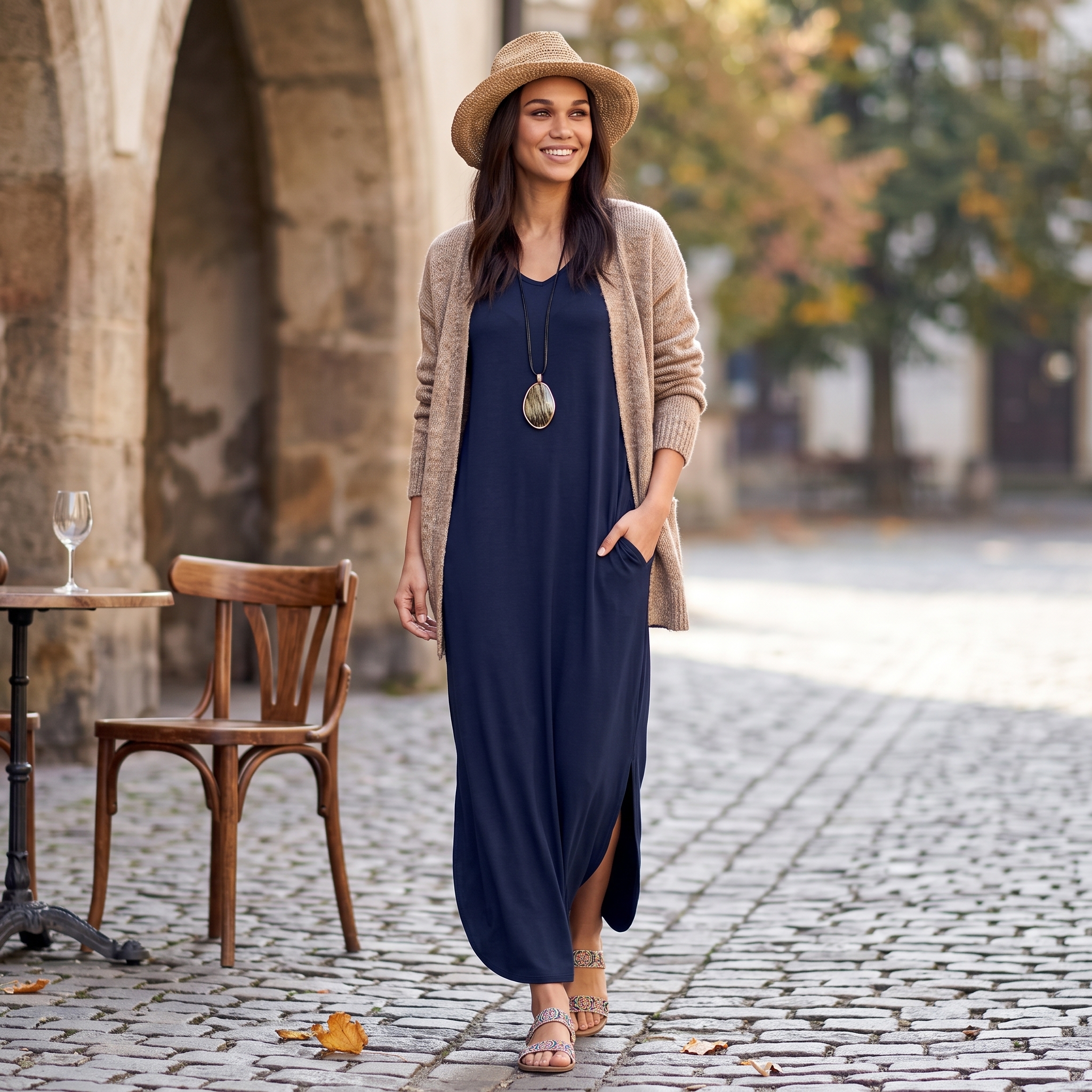 Feminin-eleganter Cardigan über einem fließenden Kleid