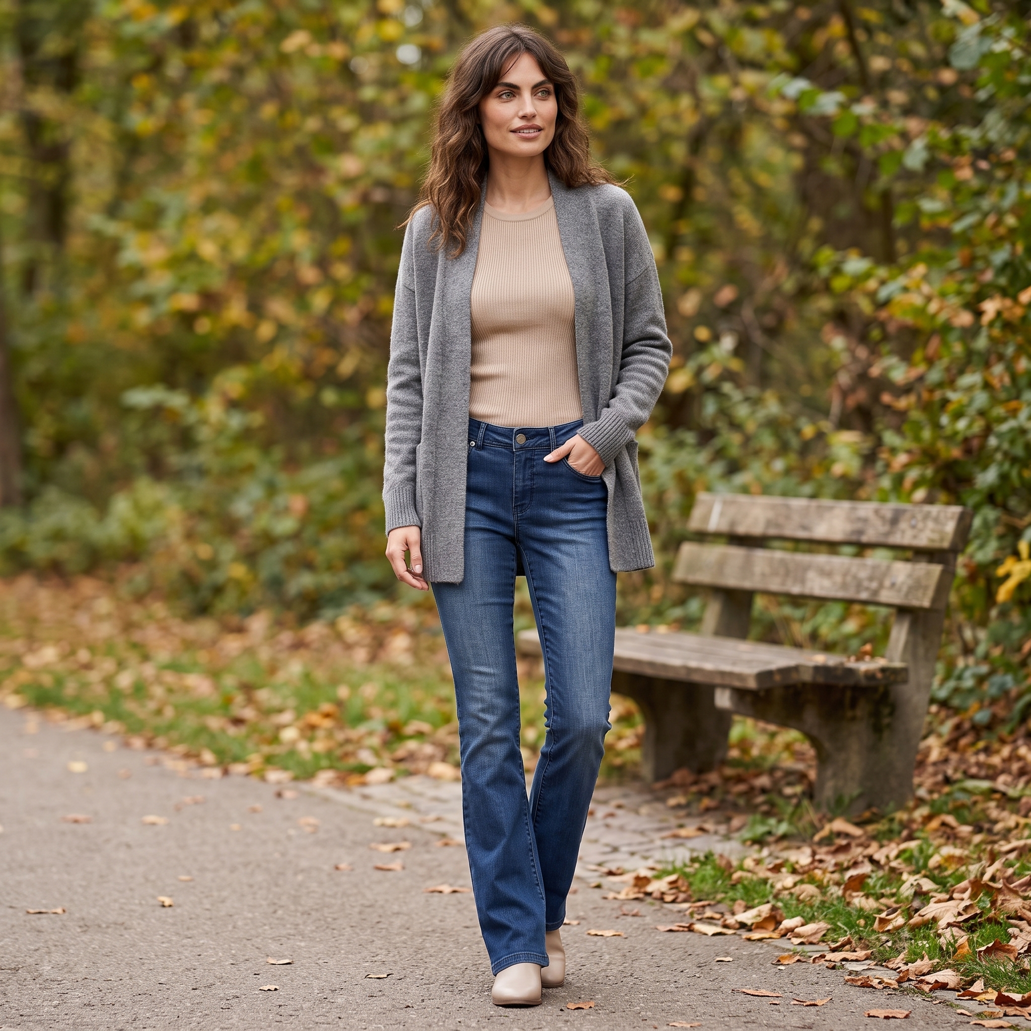 Moderner Cardigan-Jeans-Look bei einem entspannten Städtetrip