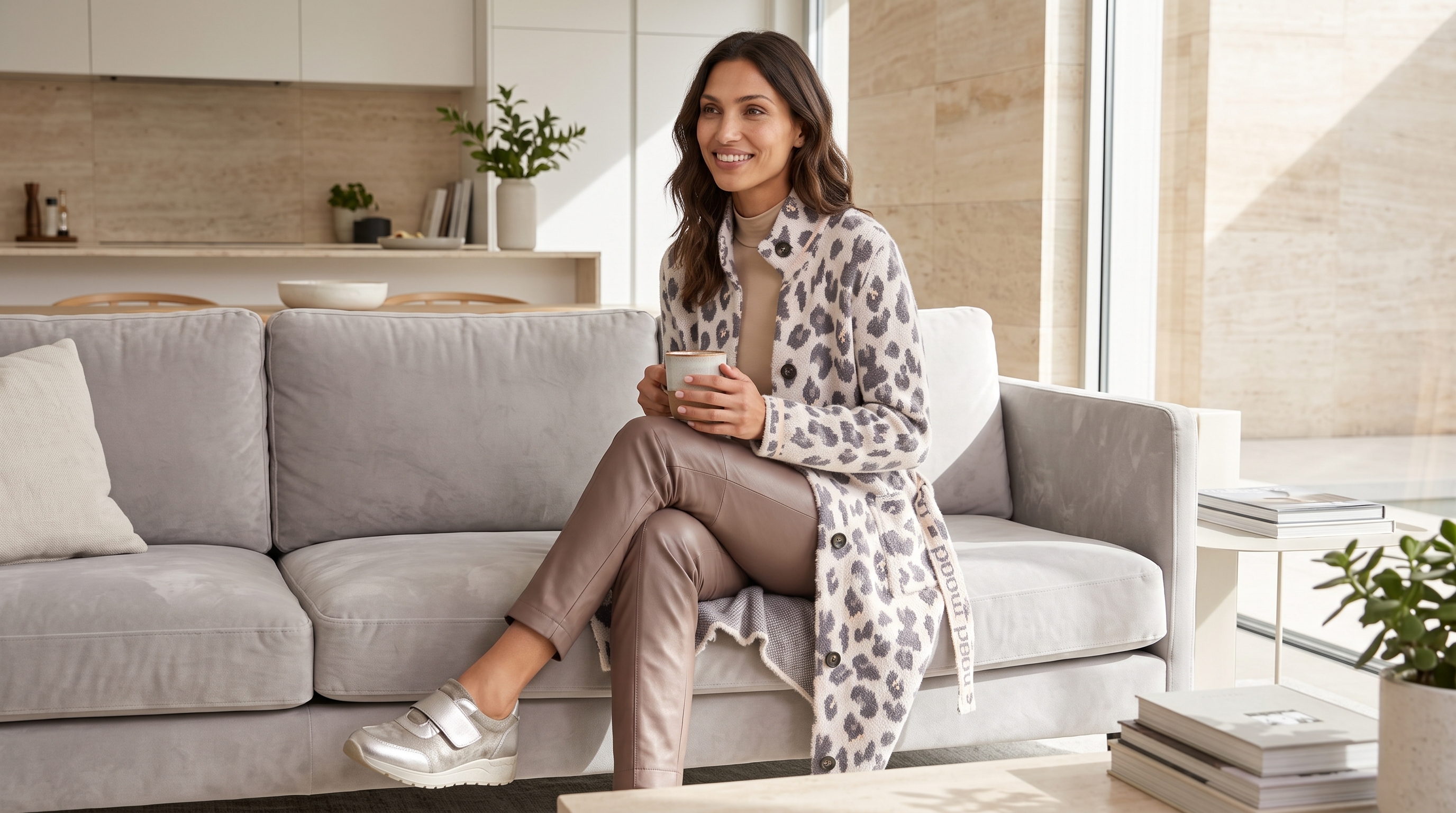 Femininer Cardigan-Look auf einer sonnigen Stadtpromenade