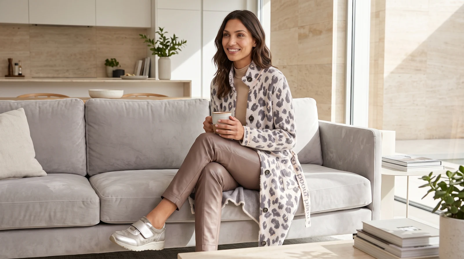Femininer Cardigan-Look auf einer sonnigen Stadtpromenade Femininer Cardigan-Look auf einer sonnigen Stadtpromenade