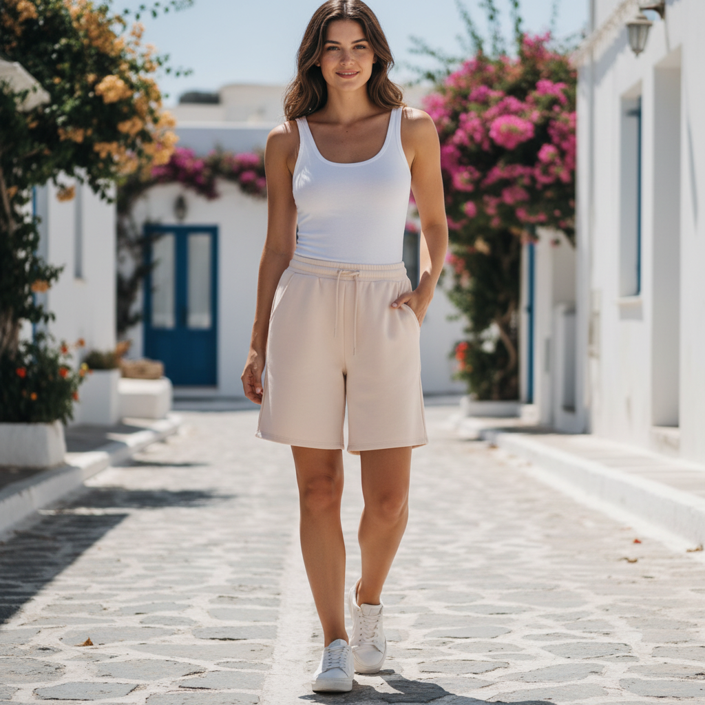 Chic gekleidete Frau mit knielangen Shorts auf einem Wochenmarkt