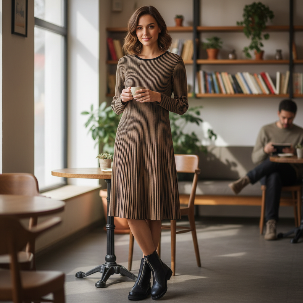 elegantes Strickkleid in tiefer Farbe mit feinen Stiefeln vor Restaurantkulisse