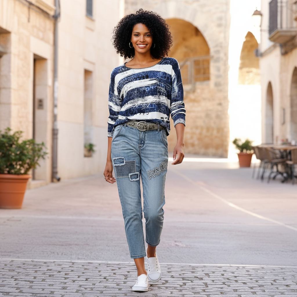 strukturierter Strickpullover zu heller Hose auf einer Promenade mit Meeresblick