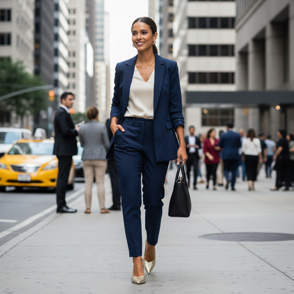 Klassische Pumps in einer modernen Business-Garderobe mit Tasche und Kleid